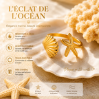 Bague ouverte étoile de mer & coquillage en acier inoxydable plaqué or 18K – Style vacances océaniques