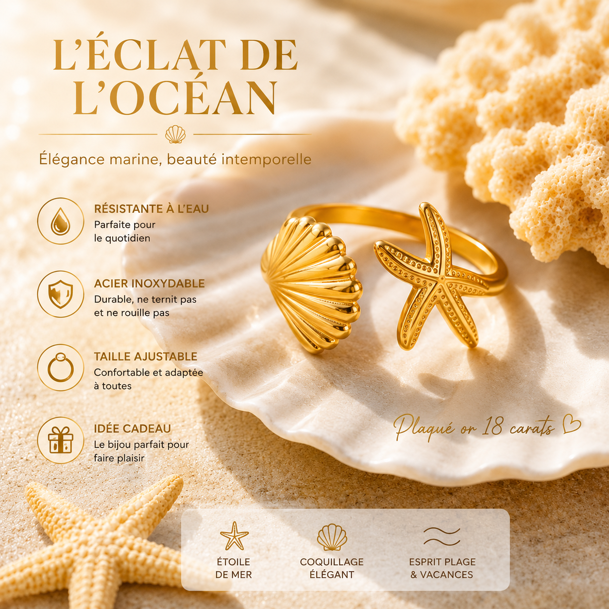 Bague ouverte étoile de mer & coquillage en acier inoxydable plaqué or 18K – Style vacances océaniques