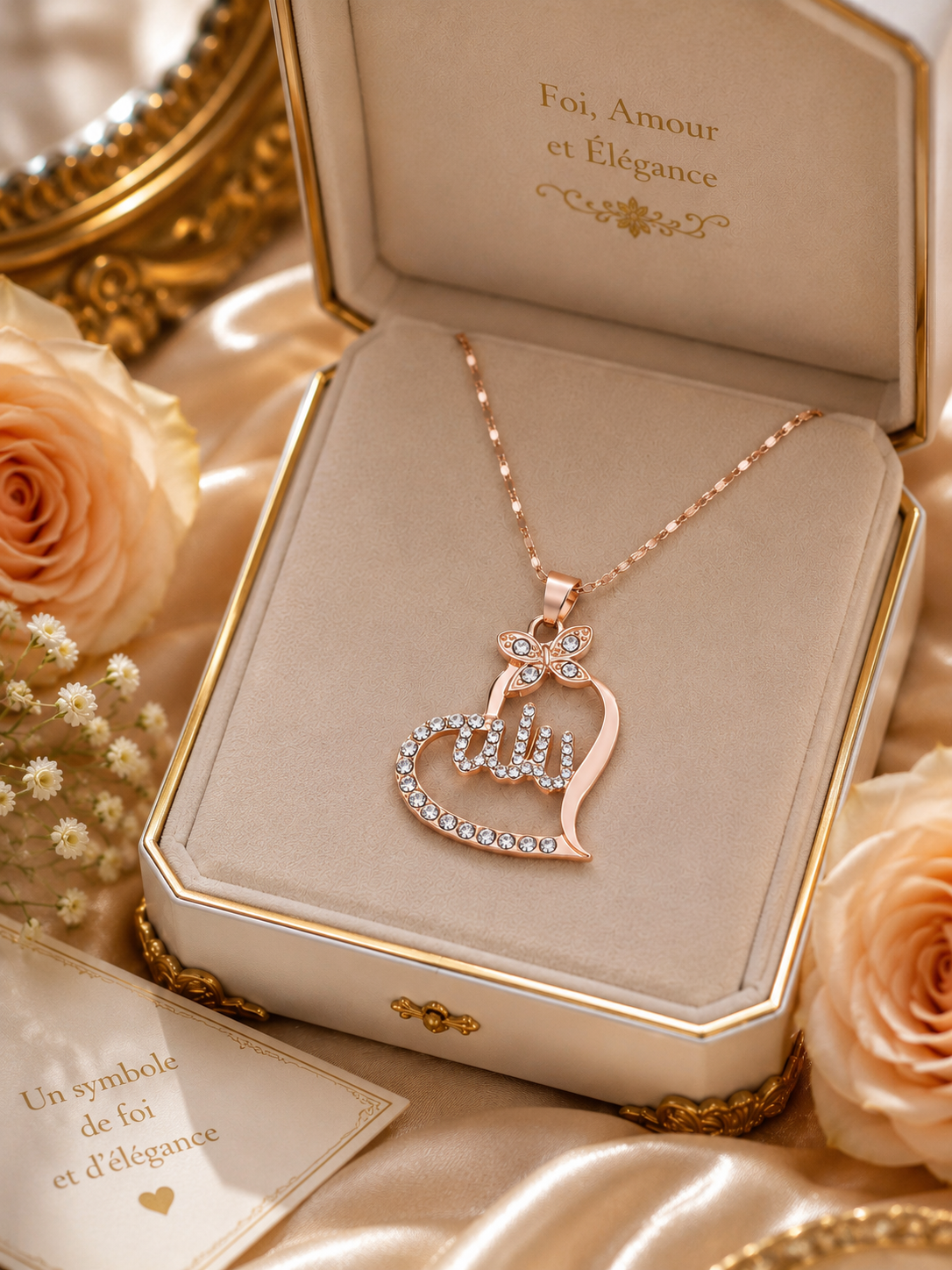 Collier pendentif Allah en acier couleur or pour femme – Bijou musulman islamique élégant avec strass