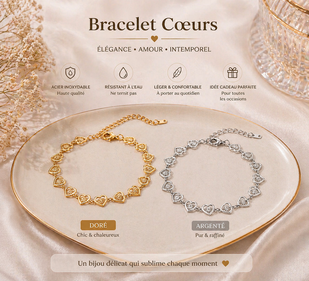 Bracelet cœurs femme acier inoxydable doré & argenté – Bijou tendance élégant et résistant