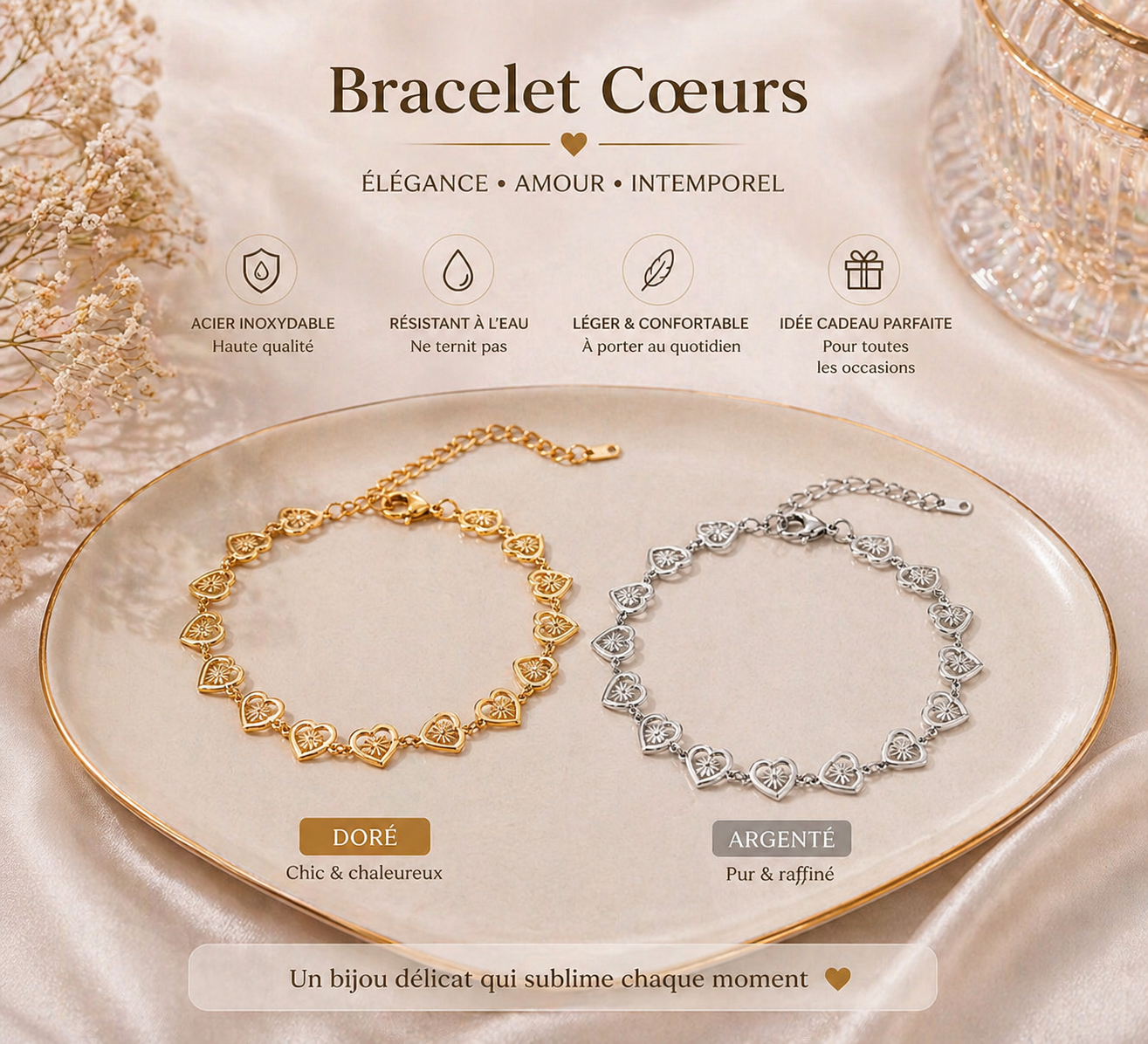 Bracelet cœurs femme acier inoxydable doré & argenté – Bijou tendance élégant et résistant