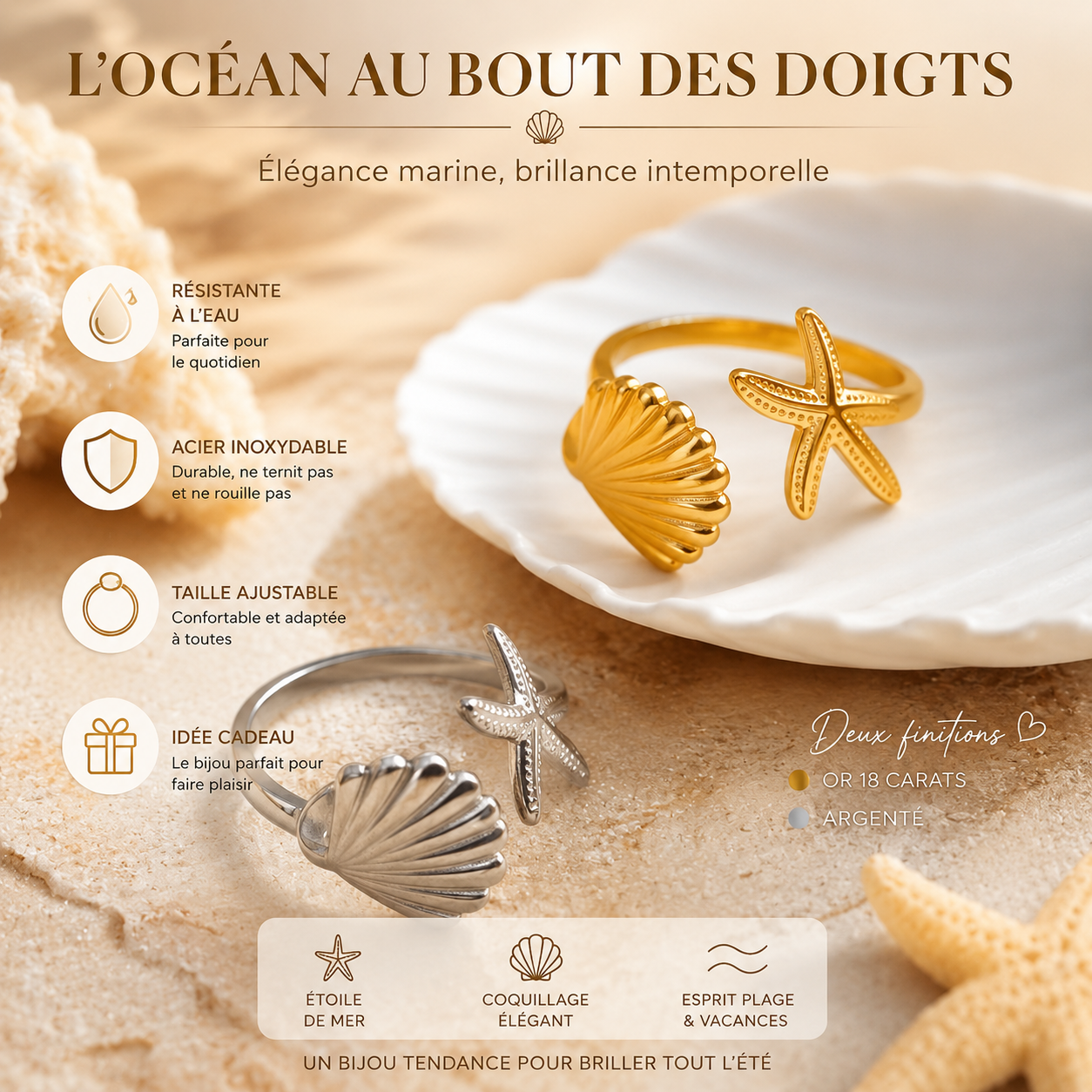 Bague ouverte étoile de mer & coquillage en acier inoxydable plaqué or 18K – Style vacances océaniques