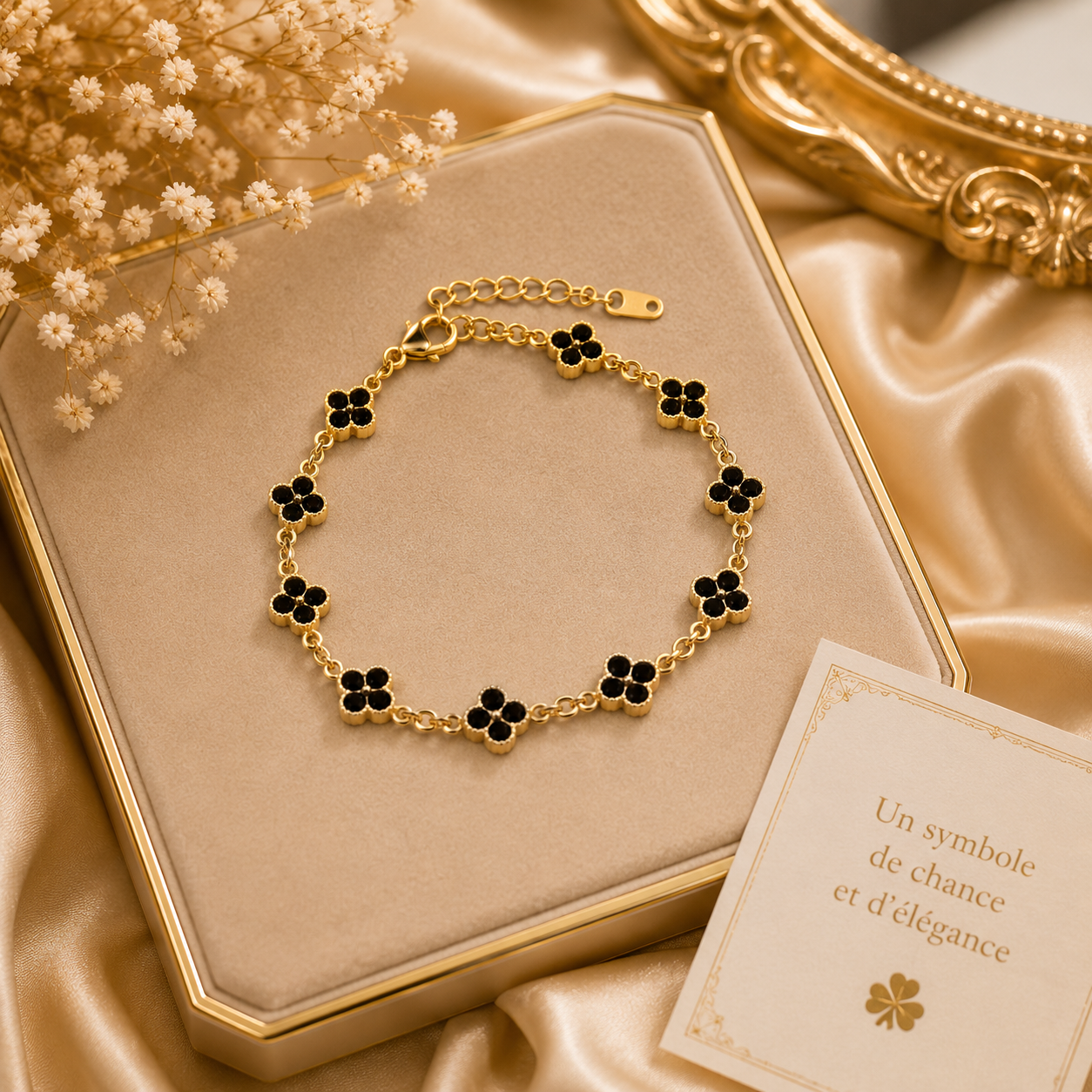 Bracelet trèfle à quatre feuilles en cristal pour femme – Bracelet porte-bonheur doré avec strass
