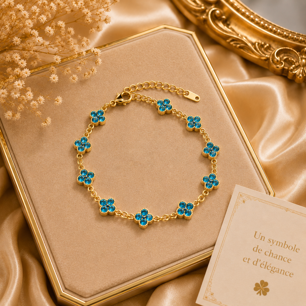 Bracelet trèfle à quatre feuilles en cristal pour femme – Bracelet porte-bonheur doré avec strass