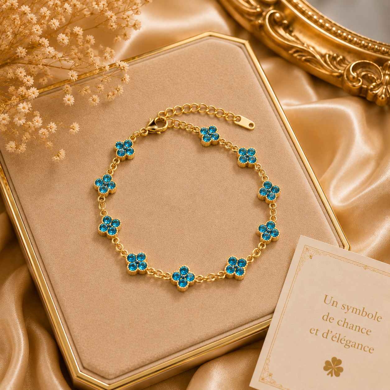 Bracelet trèfle à quatre feuilles en cristal pour femme – Bracelet porte-bonheur doré avec strass