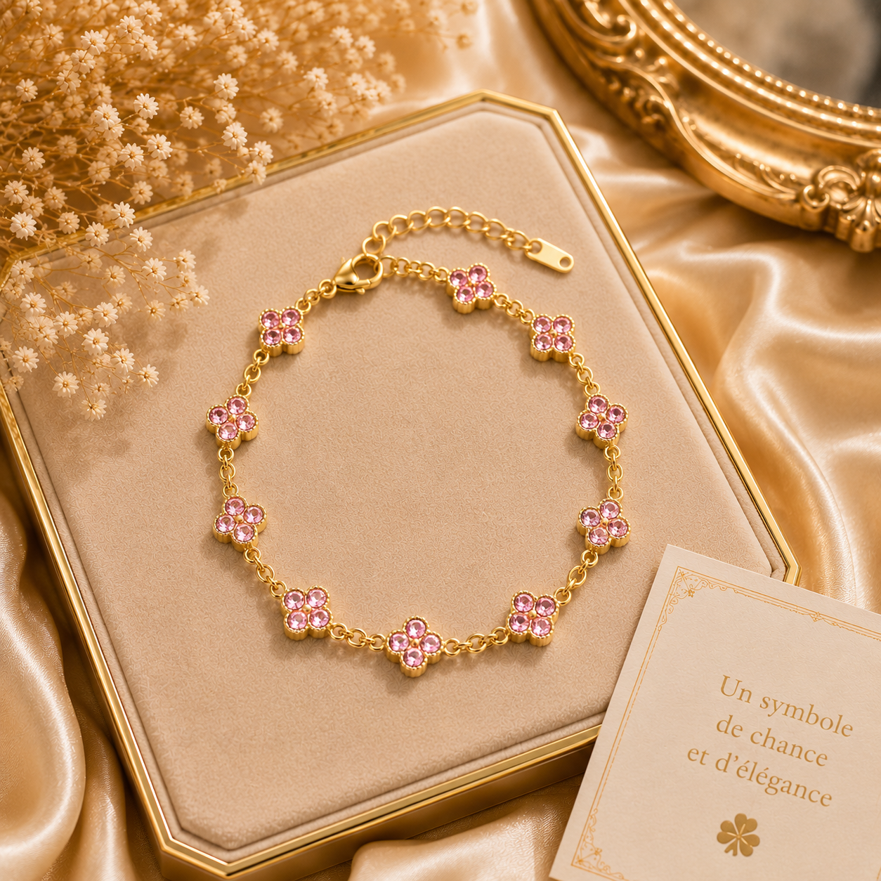 Bracelet trèfle à quatre feuilles en cristal pour femme – Bracelet porte-bonheur doré avec strass
