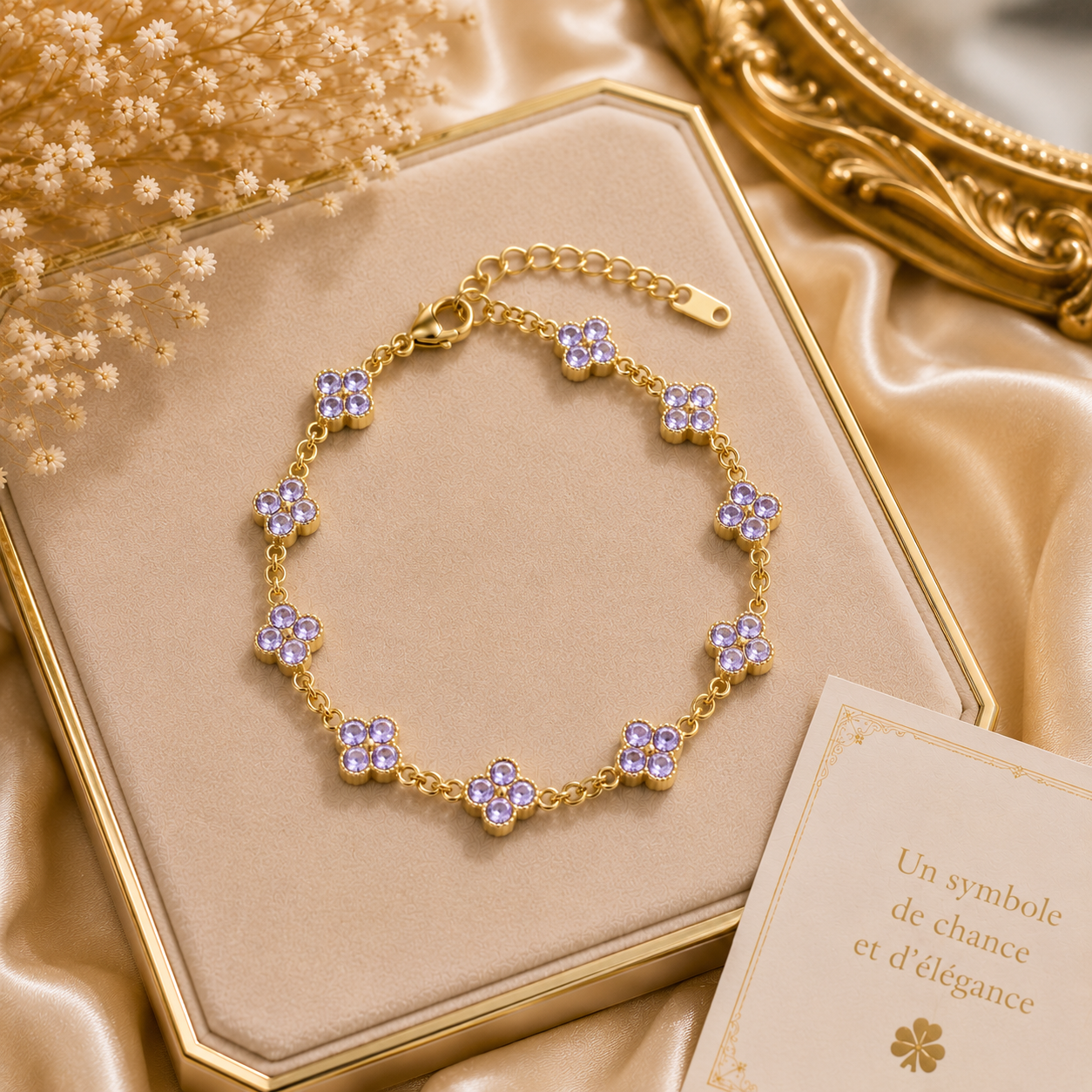 Bracelet trèfle à quatre feuilles en cristal pour femme – Bracelet porte-bonheur doré avec strass