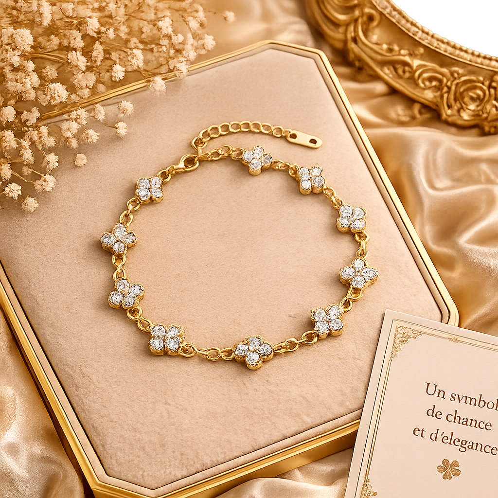 Bracelet trèfle à quatre feuilles en cristal pour femme – Bracelet porte-bonheur doré avec strass