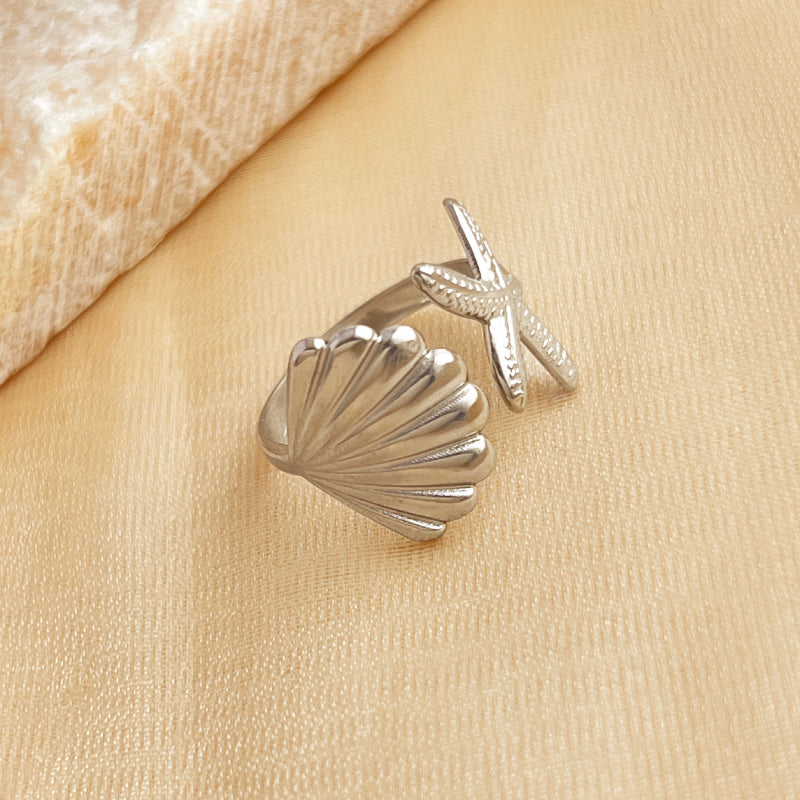 Bague ouverte étoile de mer & coquillage en acier inoxydable plaqué or 18K – Style vacances océaniques