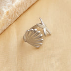 Bague ouverte étoile de mer & coquillage en acier inoxydable plaqué or 18K – Style vacances océaniques