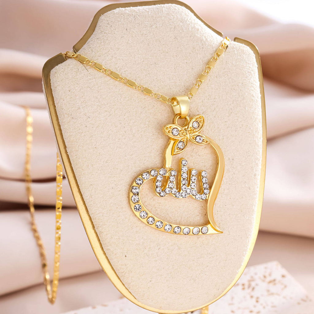 Collier pendentif Allah en acier couleur or pour femme – Bijou musulman islamique élégant avec strass