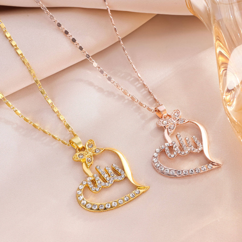 Collier pendentif Allah en acier couleur or pour femme – Bijou musulman islamique élégant avec strass