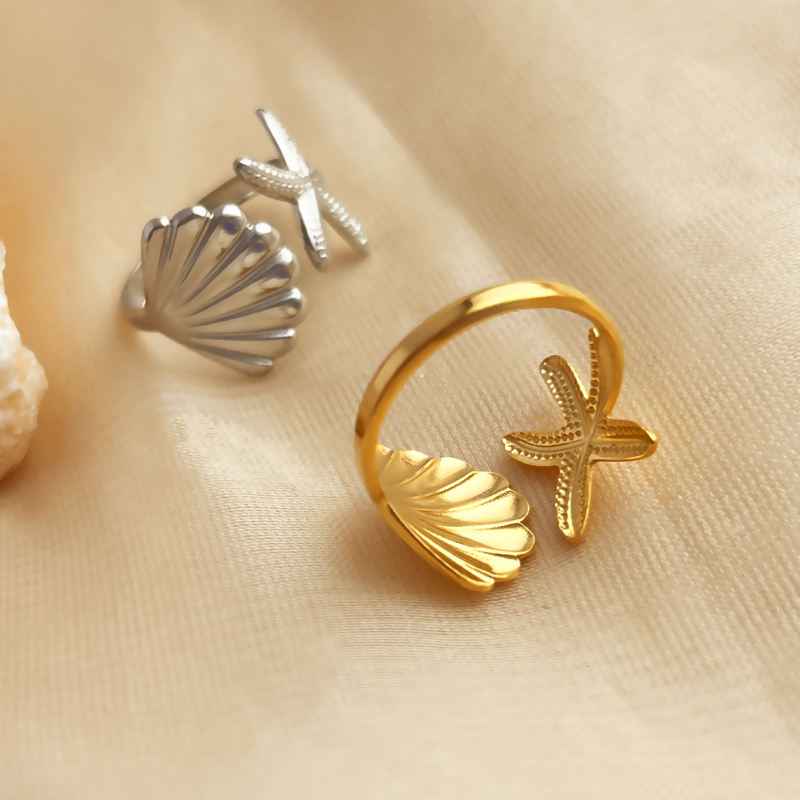 Bague ouverte étoile de mer & coquillage en acier inoxydable plaqué or 18K – Style vacances océaniques