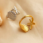 Bague ouverte étoile de mer & coquillage en acier inoxydable plaqué or 18K – Style vacances océaniques