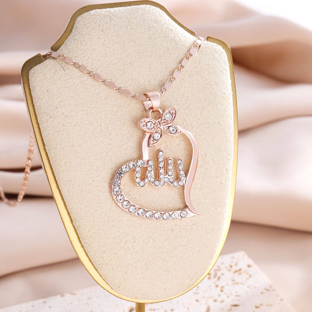 Collier pendentif Allah en acier couleur or pour femme – Bijou musulman islamique élégant avec strass