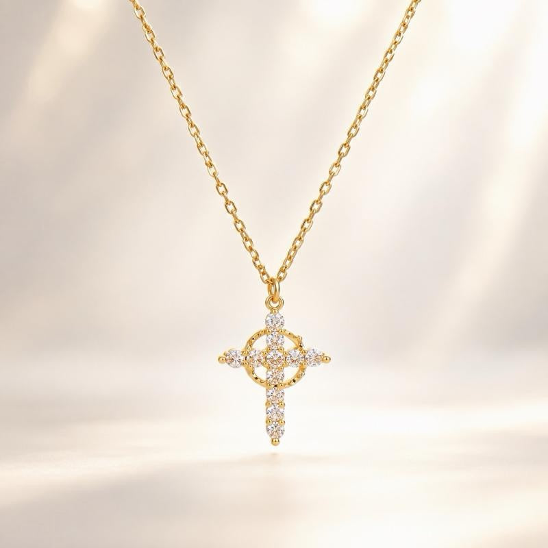 Collier Pendentif Croix Couronne Rotative avec Pierre de Zircone