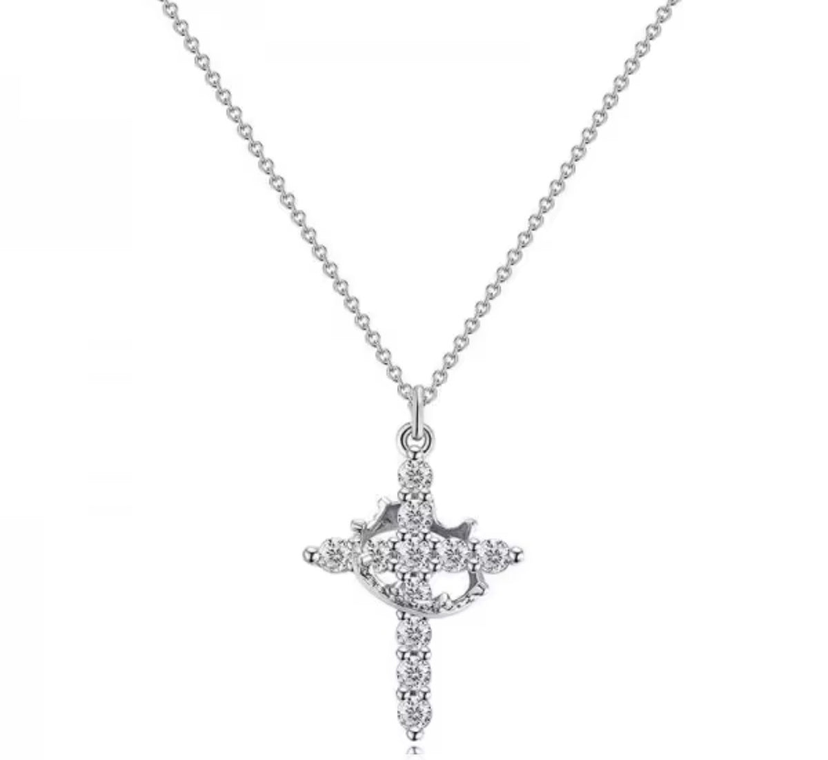 Collier Pendentif Croix Couronne Rotative avec Pierre de Zircone