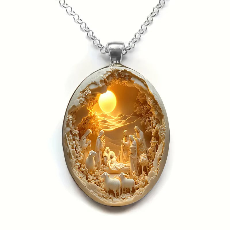 Collier Pendentif Camée Nativité de Jésus – Bijou Religieux Argenté, Style Élégant
