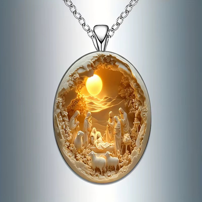 Collier Pendentif Camée Nativité de Jésus – Bijou Religieux Argenté, Style Élégant
