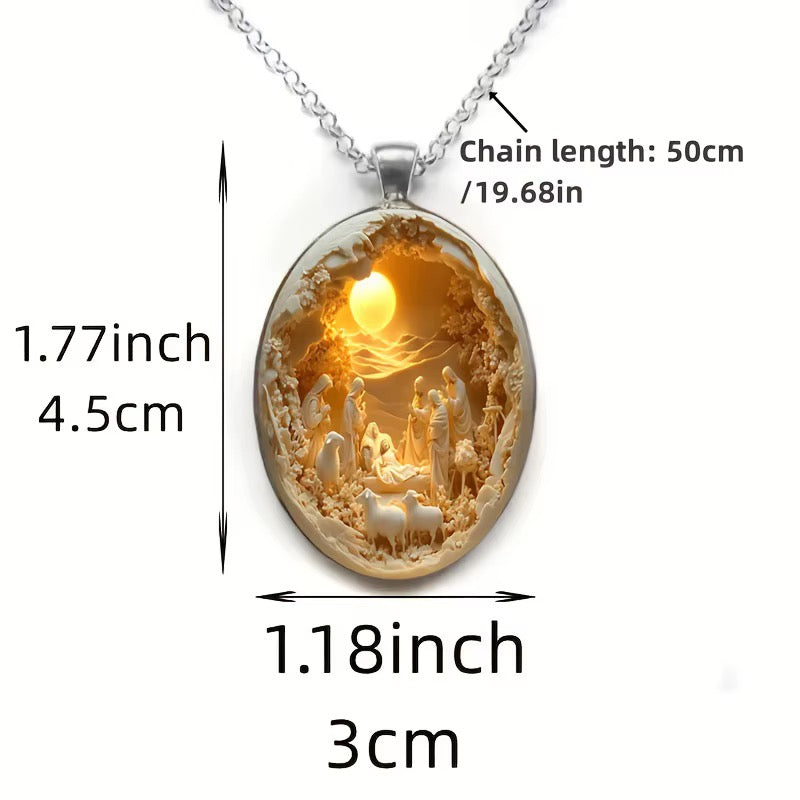 Collier Pendentif Camée Nativité de Jésus – Bijou Religieux Argenté, Style Élégant