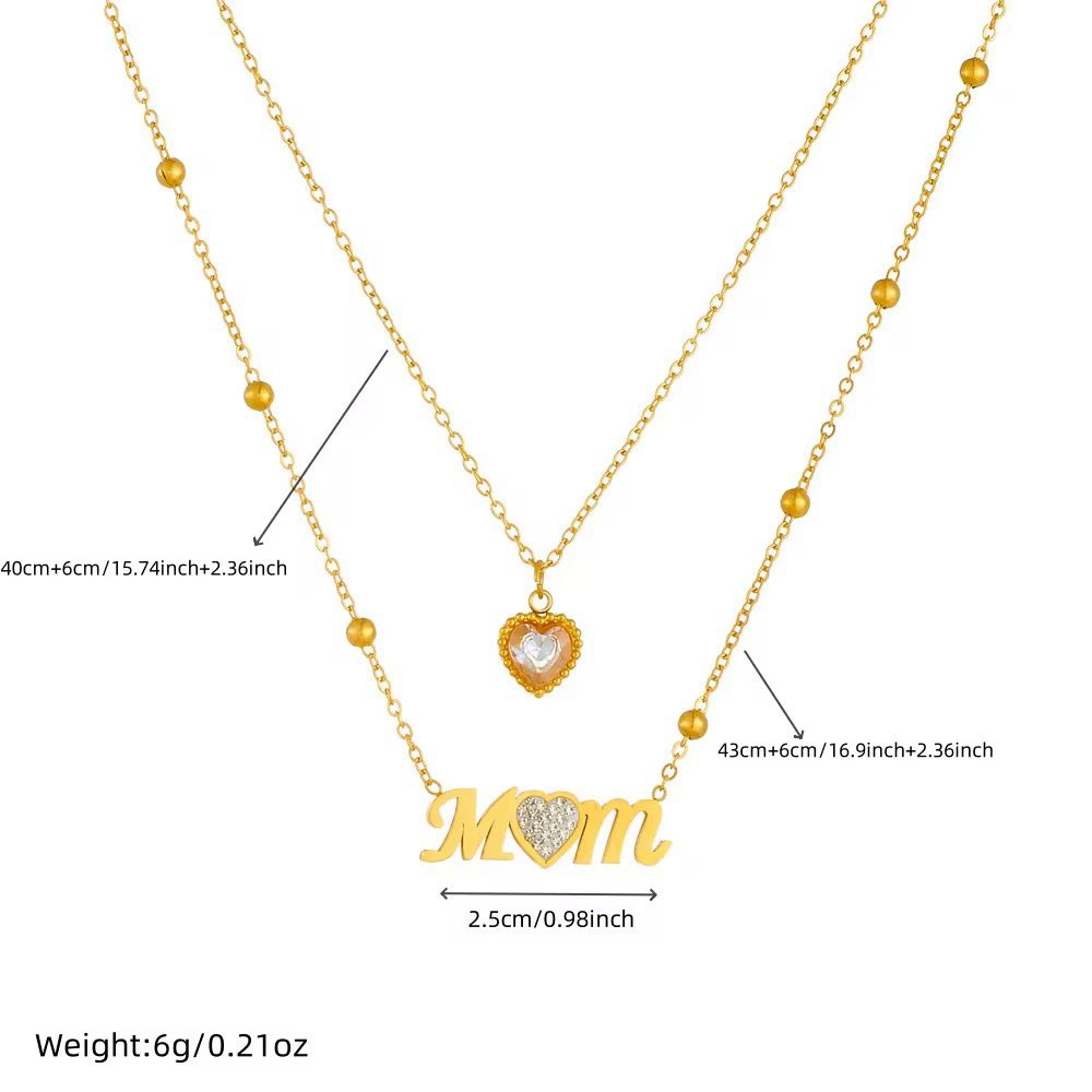 Collier Double Chaîne “Mom” en Acier Inoxydable Doré – Pendentif Cœur Zircon – Bijou Femme Tendance
