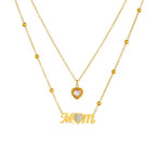 Collier Double Chaîne “Mom” en Acier Inoxydable Doré – Pendentif Cœur Zircon – Bijou Femme Tendance