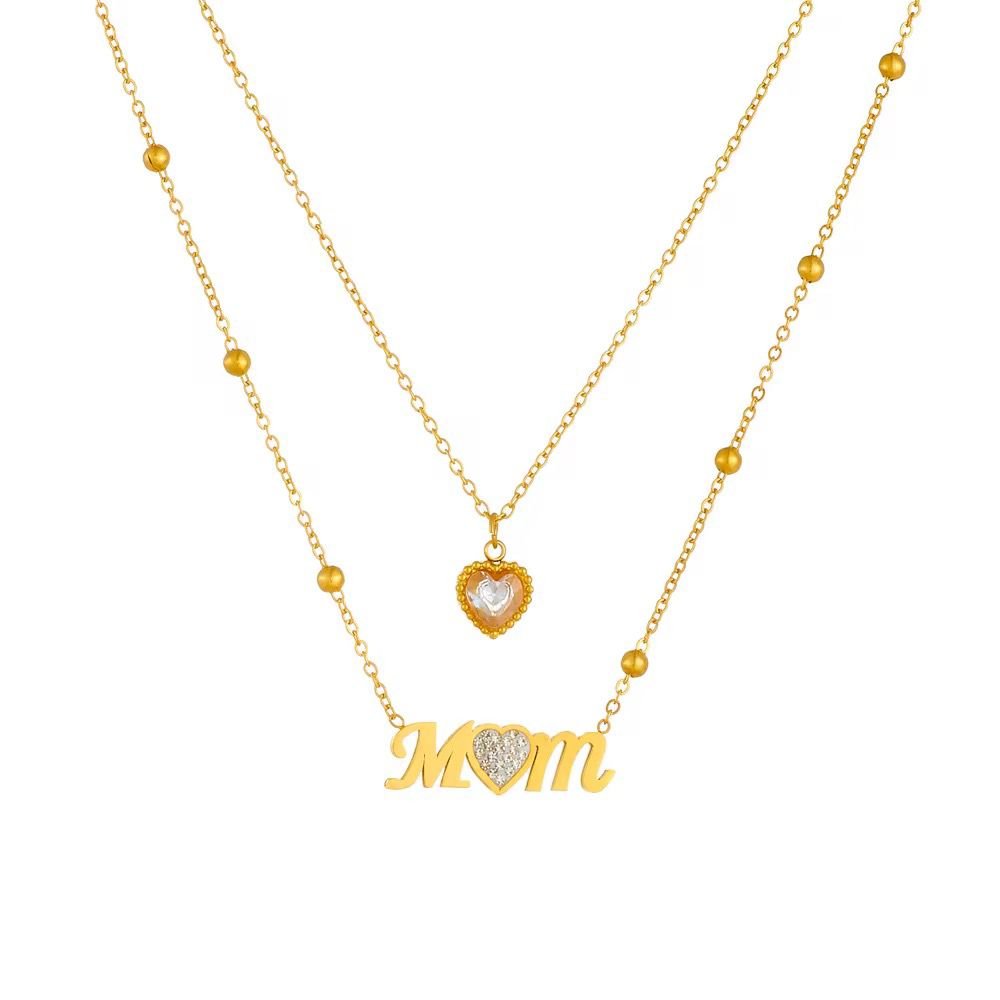 Collier Double Chaîne “Mom” en Acier Inoxydable Doré – Pendentif Cœur Zircon – Bijou Femme Tendance